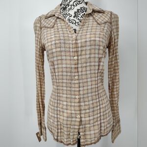 Girl Crazy Classic Beige Plaid Button-Down Shirt Size Women's Medium